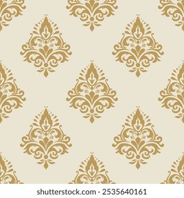 Elegant seamless damask pattern with ornate floral and ornamental elements in gold on cream background, perfect for luxury wallpapers, textile designs, and home decor accents.