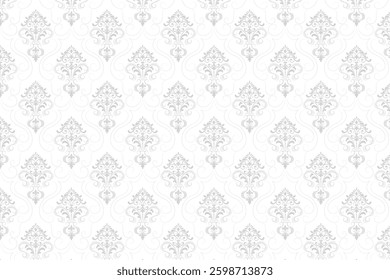 Elegant seamless damask pattern in soft gray tones. Ideal for wallpaper, fabric, and luxury prints. Timeless and sophisticated ornament.