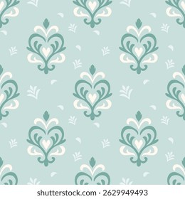 Elegant seamless damask pattern in soft pastel green tones. Suitable for fashion fabrics, interior wallpaper, stationery, and packaging design. A blend of classic baroque with modern minimal charm.