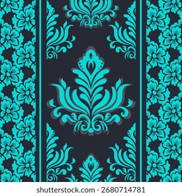 Elegant seamless damask vector pattern in shades of teal and dark gray. This decorative design features intricate floral motifs and ornate scrolls, perfect for backgrounds, textiles, wallpaper