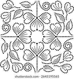 Elegante padrão de design sem emenda de flores em forma de coração convergindo para o centro com folhas periféricas e molas, desenhado à mão ilustração de vetor floral pontilhado para bordado tecido cortina de almofada