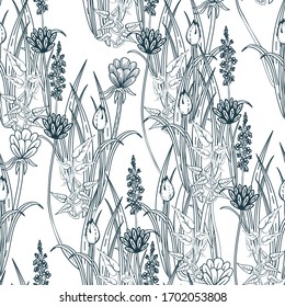 Elegant seamless digital floral ornament for wallpaper or fabric print. Linear vector illustration of a botanical pattern. Cute summer stock image. 