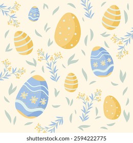 Elegant seamless Easter background with pastel blue and gold eggs adorned with subtle floral accents and fine branches, ideal for invitations, wrapping paper, and holiday designs.
