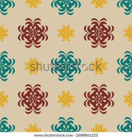 Elegant seamless ethnic pattern inspired by Indian royal jewelry, featuring clover-like motifs in dun, golden-falu, and midnight tones. Perfect for textiles, fabric, cushion, rug, or fashion design.
