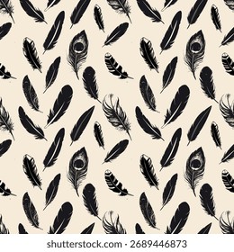 Elegante patrón de plumas sin costuras en negro sobre beige. Perfecto para estampados de tela boho, bufandas, Fondo de pantalla, papel de regalo y diseños mínimos de decoración para el hogar.