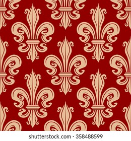 Elegant seamless fleur-de-lis pattern with beige lilies flowers on red background. For interior or wallpaper design usage