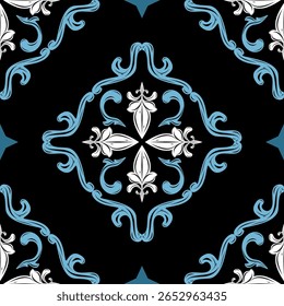 Elegant seamless floral border pattern in blue and white on black background. Abstract Ocean Waves and Soul Perfect for textile, packaging, luxury wallpapers, and digital paper, dark elegant repeat