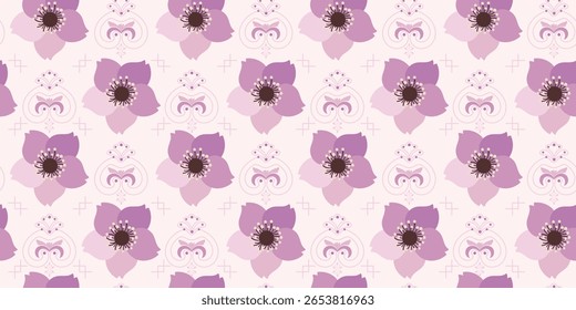 Elegante Padrão Chinês Floral Sem Costura com Flores Violetas e Motivos de Fundo Geométricos. Ideal para tecido, embalagem, web, cartões, ilustrações