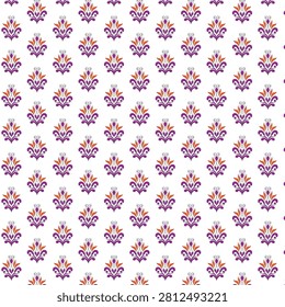 Elegant seamless floral damask pattern with purple and orange ornamental motifs on a white background. Decorative repeating vector design suitable for wallpaper textile fabric wrapping paper home decor packaging scrapbook and digital printing.