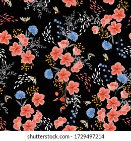 Elegant seamless floral ,Dark garden night flower pattern with bees.Hand drawn style. Design for fashion,fabric,web,wallpaper,wrapping and all prints on black.