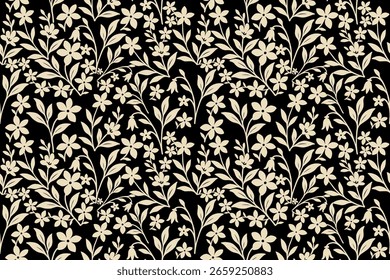 Elegante patrón floral sin fisuras con flores y hojas de color beige sobre fondo negro. Estilo clásico vintage, perfecto para textiles, Fondos de pantalla y decoración.