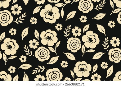 Elegant seamless floral pattern with beige flowers and leaves on a black background, perfect for fabric, wallpaper, and decorative design projects.