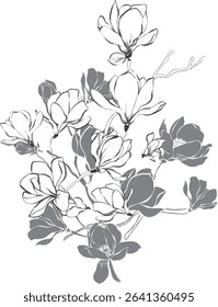 Elegant seamless floral pattern in black and white, featuring hand-drawn botanical elements. Ideal for packaging, wallpapers, fabric, and vintage-style branding.