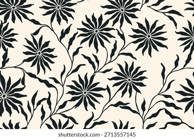 Un elegante patrón floral sin fisuras con siluetas botánicas negras de flores florecientes y hojas que fluyen sobre un fondo crema suave, creando un diseño atemporal y elegante.