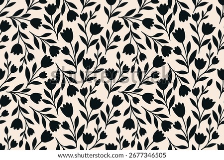 Elegant seamless floral pattern with black tulip silhouettes on beige background. Perfect for fabric, wallpaper, stationery, wrapping paper, and modern decor.