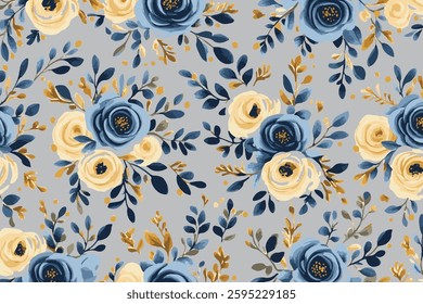 Elegant Seamless Floral Pattern with Blue and Beige Roses – Watercolor-Inspired Vintage Botanical Design. the sophisticated color palette, and the watercolor aesthetic, making it appealing for fabric 