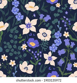 Elegant seamless floral pattern with bluebells and anemones. Endless design with gorgeous wild flowers for printing and decoration. Repeatable botanical dark backdrop. Color flat vector illustration