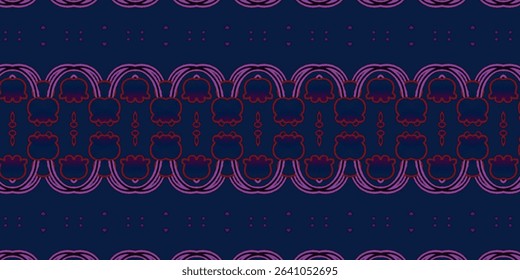 Elegant seamless floral pattern with bold red outlines over navy background. Ideal for fashion design, wallpaper, or digital surface printing.
