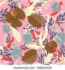 Elegantes, nahtloses Blumenmuster mit hellen Blumen. Endloses Design mit Ringelblumen, Sonnenblumen, Ponydruck. Wiederholbarer botanischer Hintergrund. Flache Vektorgrafik