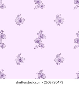 Elegant seamless floral pattern with delicate hand drawn orchid flowers on a soft light purple background. Great for fabric, packaging, wallpaper, and surface design.
