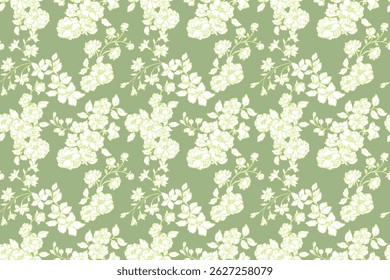 Elegant seamless floral pattern with delicate white blooming flowers and leaves on a green, mint background. Vintage style botanical design, perfect for textiles, wallpapers, stationery, packaging