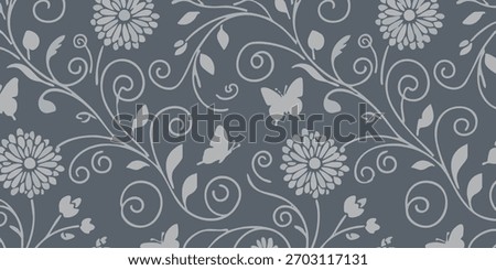 Elegant seamless floral pattern with delicate butterflies and swirling vines in a sophisticated grey palette, perfect for decorative backgrounds and textile designs