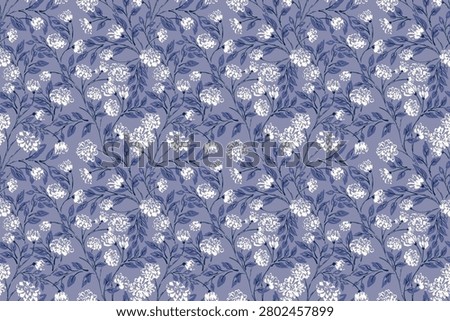 Elegant seamless floral pattern with delicate white blossoms and navy foliage on a soft lavender background. Ideal for textiles, wallpaper, wrapping paper, and stationery