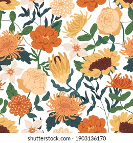 Elegant seamless floral pattern with fall flowers. Endless design with marigolds, sunflowers, peony roses and chrysanthemum for printing. Repeatable botanical background. Flat vector illustration