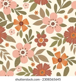 Elegant seamless floral pattern with fall flowers. Repeatable botanical background. Flat vector illustration.