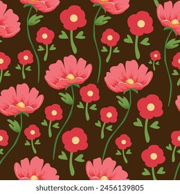 Elegant seamless floral pattern with fall flowers. Repeatable botanical background. Flat vector illustration.