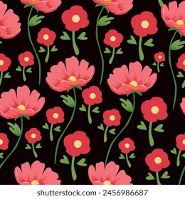 Elegant seamless floral pattern with fall flowers. Repeatable botanical background. Flat vector illustration.