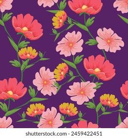 Elegant seamless floral pattern with fall flowers. Repeatable botanical background. Flat vector illustration.