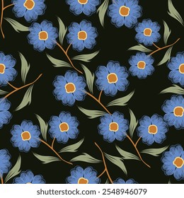 Elegante padrão floral sem emenda com flores de queda. Fundo botânico reproduzível. Ilustração de vetor plano.