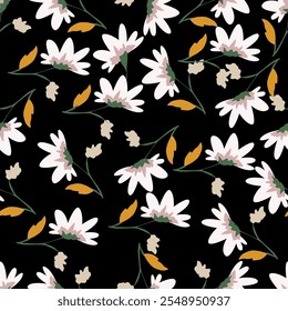 Elegant seamless floral pattern with fall flowers. Repeatable botanical background. Flat vector illustration.