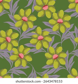 Elegant seamless floral pattern with fall flowers. Repeatable botanical background. Flat vector illustration