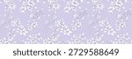 Elegant seamless floral pattern featuring delicate pastel blossoms with intricate line art on a soft violet, purple, lavender background. Classic botanical style, perfect for textiles, wallpapers