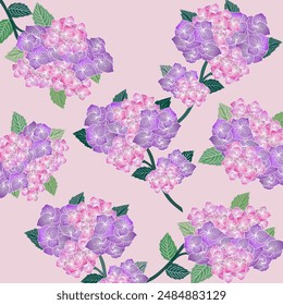 Elegantes nahtloses Blumenmuster mit schönen Hortensienblüten in Violett- und Rosatönen mit grünen Blättern auf einem weichen rosa Hintergrund. Ideal für Textilien, Bildschirmhintergründe und dekorative Designs. 