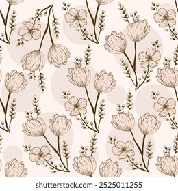 Elegante patrón floral sin fisuras con delicadas flores y brotes dibujados a mano en tonos beige suave sobre un fondo crema. Perfecto para diseños textiles, Fondo de pantalla y decoración de inspiración vintage.