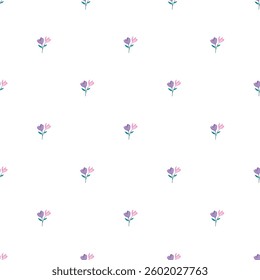 An elegant seamless floral pattern featuring delicate purple and pink flowers on a white background. Perfect for textile designs, wallpapers, or digital artwork creation.