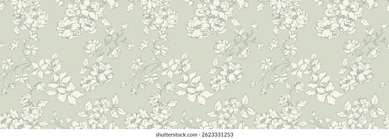 Elegant seamless floral pattern featuring delicate pastel blossoms with intricate line art on a light mint, soft green background. Classic botanical style for textiles, wallpapers, invitations