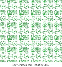 "Elegant seamless floral pattern featuring lush green botanical elements and intricate swirling designs on a clean white background. Perfect for use in decorative wallpaper, fabric prints, packaging,