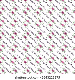 Elegant seamless floral pattern featuring pink flowers and green leaves, arranged diagonally, creating a vibrant natural motif. Perfect for  wallpapers, gift wrapping, and digital design projects.
