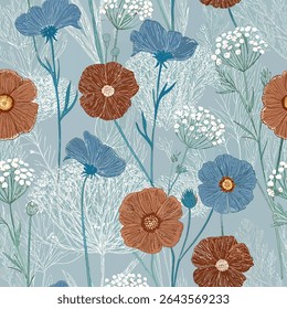 Elegant seamless floral pattern featuring stylized blue and brown flowers on a soft pastel background. Perfect for textile, fabric, wallpaper, and design projects with a vintage aesthetic.