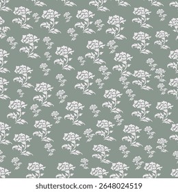 Elegante padrão floral sem emenda com flores brancas vintage-estilo em um fundo verde sábio silenciado. Perfeito para papéis de parede, têxteis, papel de embrulho e projetos de design de superfície.