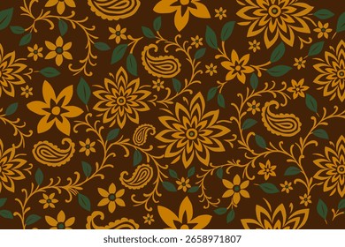 Elegant seamless floral pattern featuring golden yellow flowers, paisley elements, and green leaves on a rich brown background. Ideal for textiles and wallpapers.