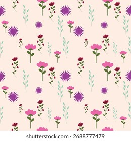 Elegante patrón floral sin fisuras con flores de color rosa y púrpura con hojas verdes en beige, perfecto para impresiones de tela, Fondo de pantalla, papel de regalo, papelería y proyectos de diseño decorativo.
