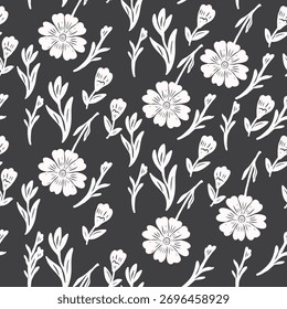 Elegant seamless floral pattern featuring white hand-drawn flowers and leaves on a dark background, perfect for fabric, wallpaper, and digital design.