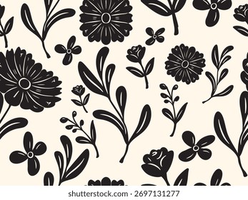Elegante padrão floral sem emenda com flor preta e silhuetas de folha em um fundo claro, ideal para têxteis, papel de parede e embalagem, ilustração Vetor.