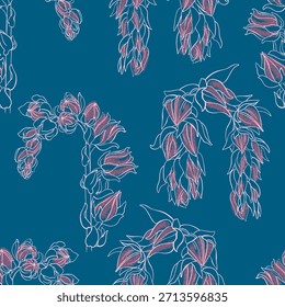 Elegante padrão floral sem emenda com flores penduradas desenhadas à mão com arte de linha branca fina e preenchimentos texturizados rosa macio em um fundo azul profundo. ideal para têxteis de moda, vestidos, cachecóis.