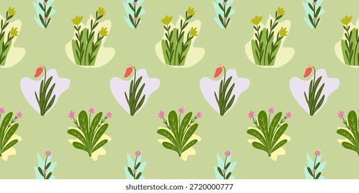 Elegante padrão floral sem emenda com uma composição vibrante de tulipas e flores decorativas perfeitas para desenhos têxteis repetitivos e fundos botânicos